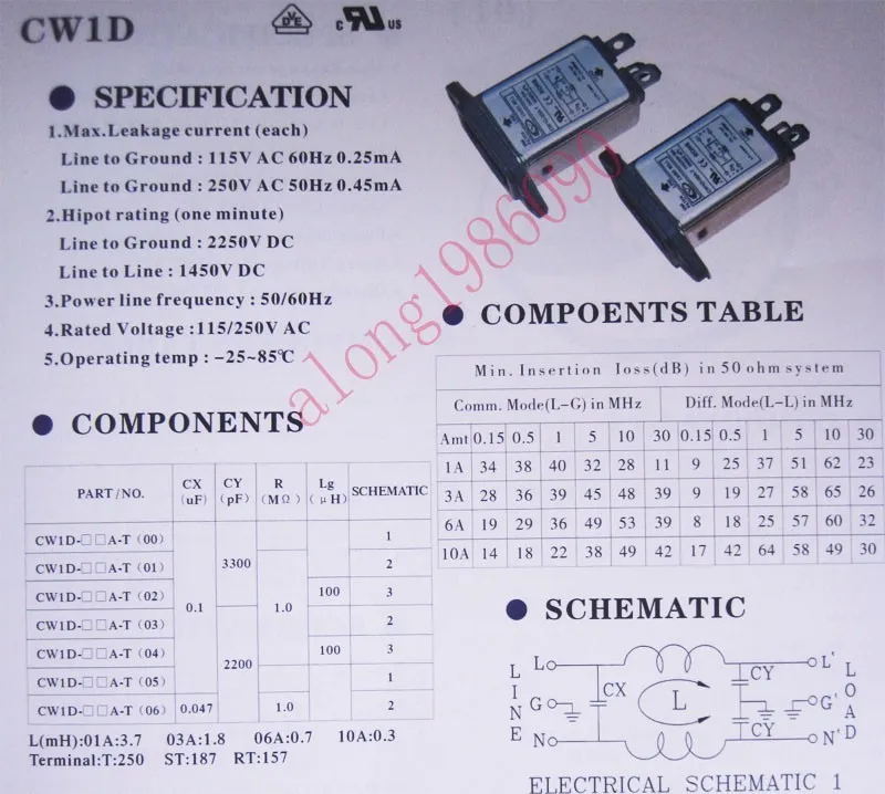 シャーシマウントemiフィルターac、電源ラインフィルター、CW1D-3A-T、iec 320 c14、115v、250v、3a