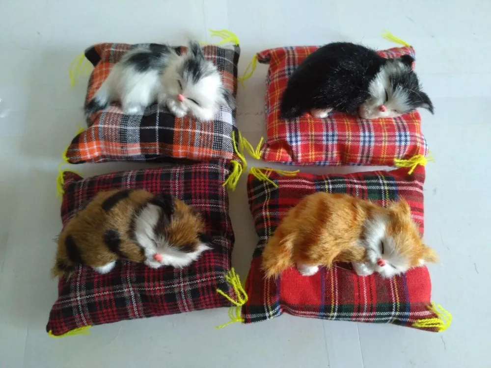one lot/ 4 pcs simulation cat mini 10x9x5cm model plastic&furs cats with mat handicraft prop home decoration gift p0179