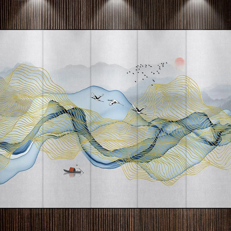 

Decorative wallpaper series New Chinese abstract ink landscape rising in the east golden line background wall