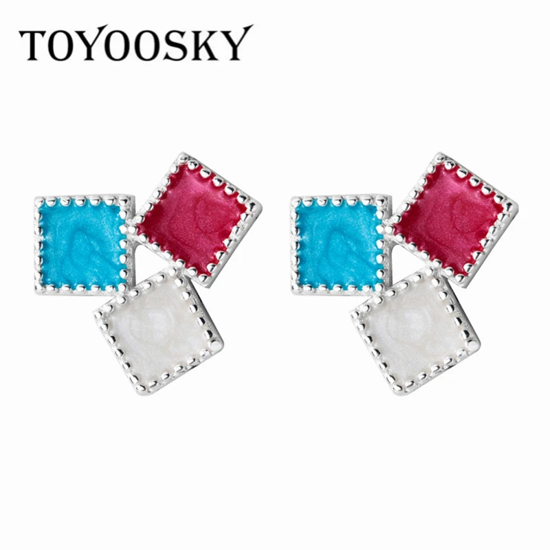 

TOYOOSKY Fashion New Colourful Square Geometric Stud Earrings For Women 925 Sterling Silver Wedding Jewelry Engagement Gift