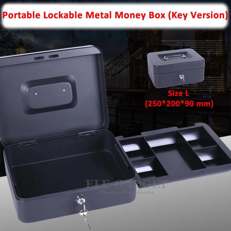 

10" Portable Jewelry Cash Box Money Bank Deposit Steel Tin Key Lock Security Safe Box With 2 Keys And Trays 25x20x9CM