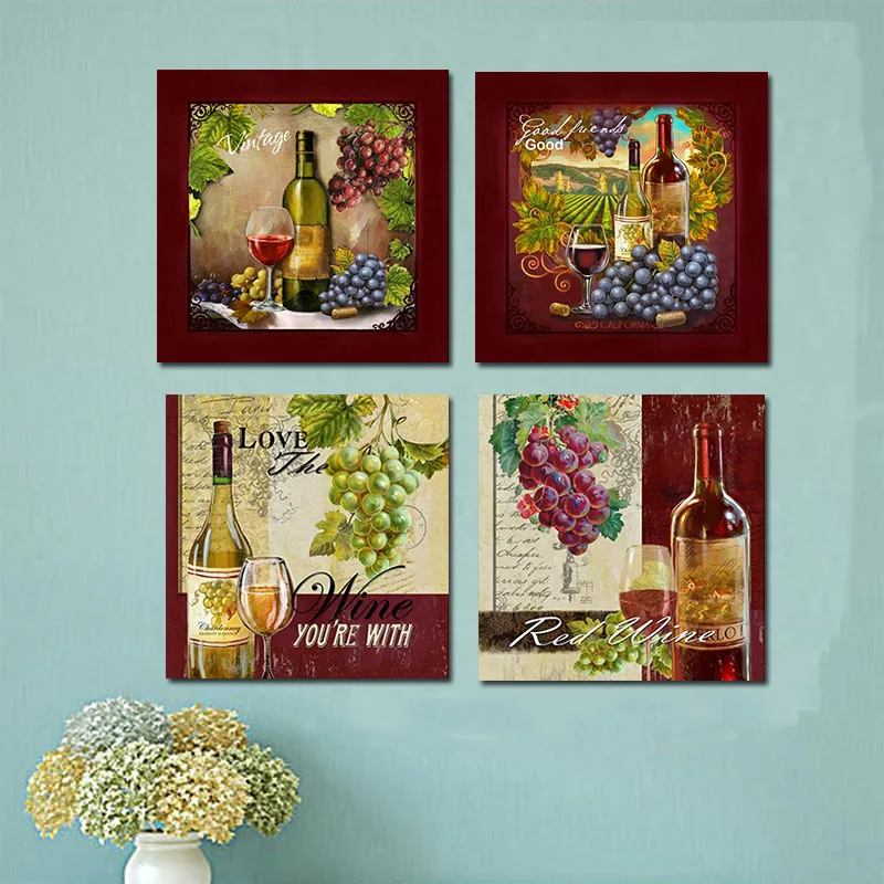 

4 Piece Modern Kitchen Grape Red Wine Cup Bottle Canvas Paintings Wall Art Set Bar Dinning Decor Wall Picture for Living Room