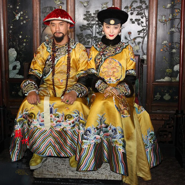 Qing Dynasty Emperor and Empress Yellow Dragon Costume Sets for Couple with Delicate Embroidery for Movie Lady in the Portrait