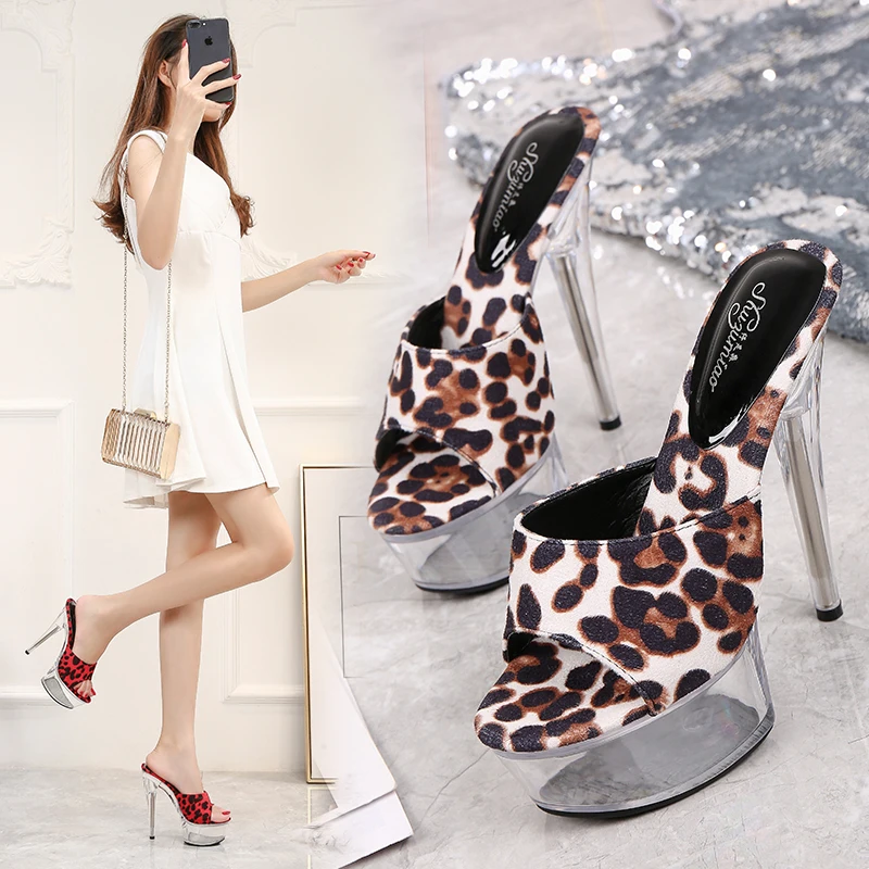 Shoes Woman 2019 New Platform Slippers Transparent Crystal Leopard High Heels 15cm Waterproof  Shoes Big Size Female Slippers