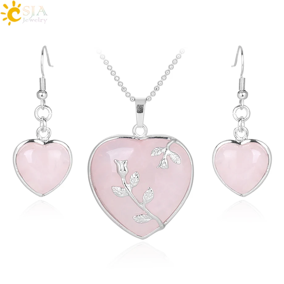 CSJA Girl Women Love Heart Jewelry Sets Reiki Natural Gem Stone Lapis Lazuli Necklace Drop Earring Set Leaf Pendant Wedding E425