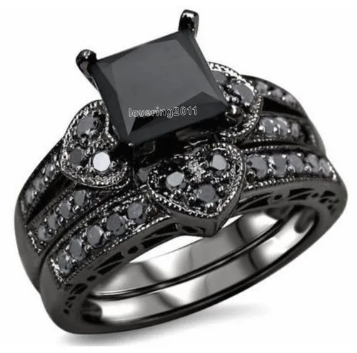 

Victoria Wieck Princess cut black AAA CZ simulated stones 10KT Black Gold Filled Bridal Engagement Wedding Ring set Sz 5-11 Gift