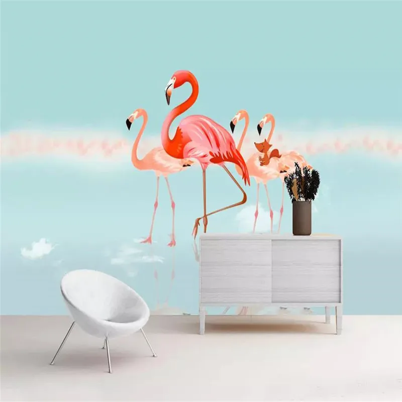 

3d photo wallpaper Nordic small fresh cartoon animal flamingo decorative painting wall professional production mural