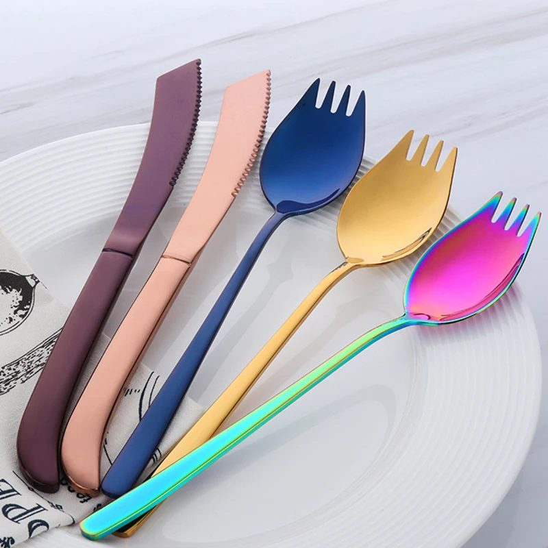 Dinnerware Set 7 Color 2pcs Stainless Steel Black Rainbow Cutlery Set Gold Fork Dinnerspoon Knives Kitchen Food Accessories