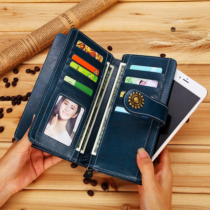 Cartera de cuero genuino para mujer, Cartera de mano femenina, bolso para teléfono móvil de diseño largo, a la moda, promoción de existencias