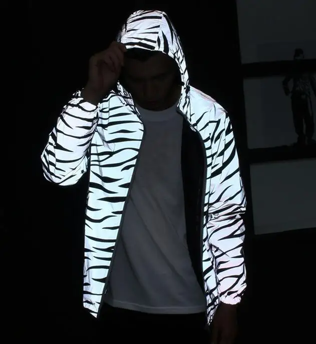 zebra fluorescent clothing unisex jacket casual hiphop windbreaker 3m reflective jacket  tide men coat hooded