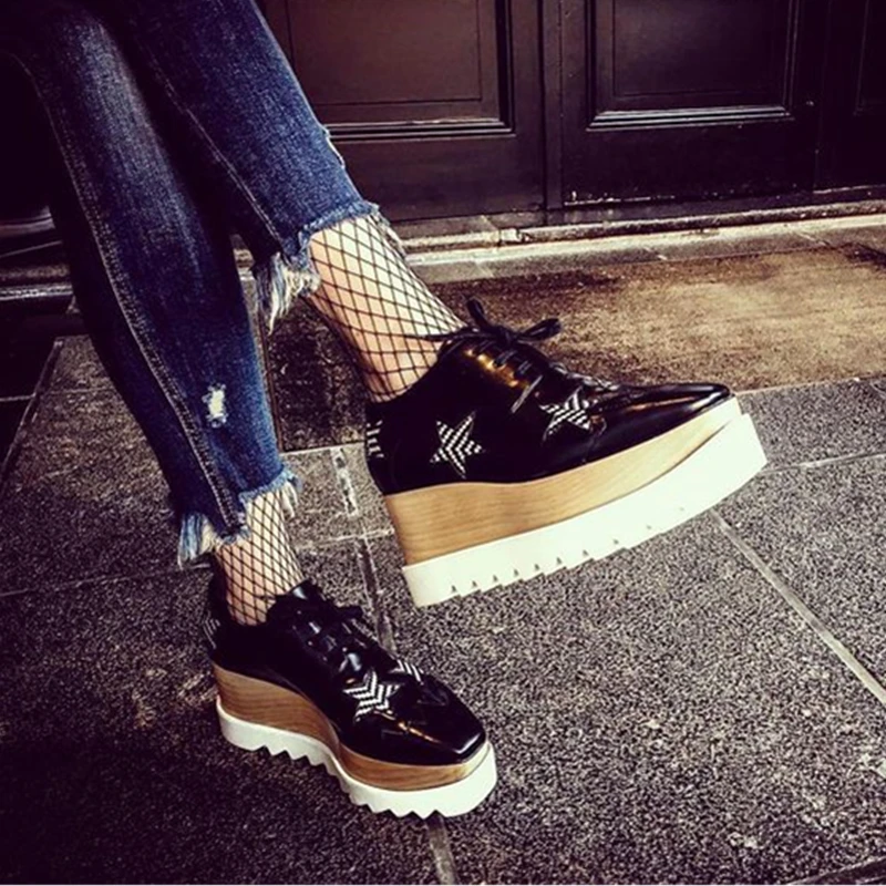 New Women Fashion Stars Loafer Shoes Lady Square Toe lace-up Thick Bottom Platform Wedge Shoes For Women Causal Shoes