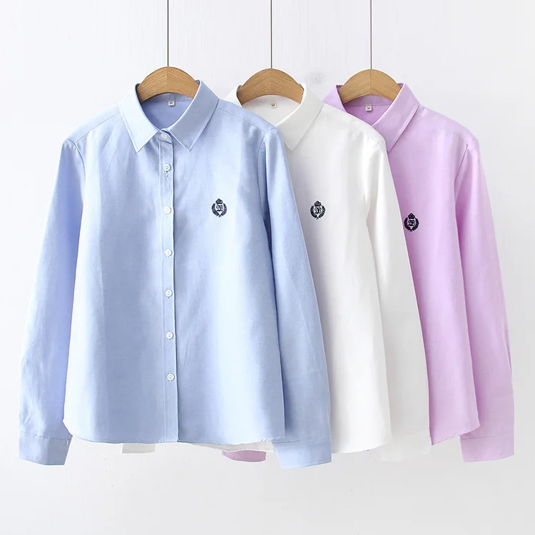 Blouses Woman 2021 Fashion Spring New Women Youth Simple Solid Color Embroidery Long Sleeve Shirt Cotton Casual Lady Blouse Tops