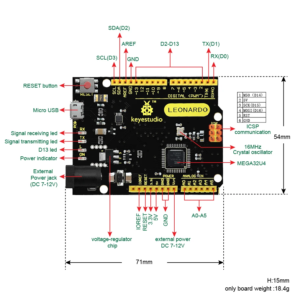 Keyestudio Leonardo R3 DevelopmentBoard +1M Micro USB Cable MCU ATMEGA32U4 For Arduino Leonardo  DIY  Project