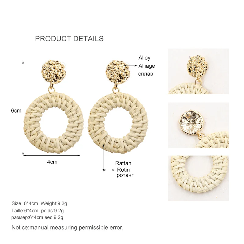 Wicker Drop Earrings for Women Natural Straw Rattan Earring Gold Color Woven Wooden Earrings beach jewelry Aretes De Mujer 2019