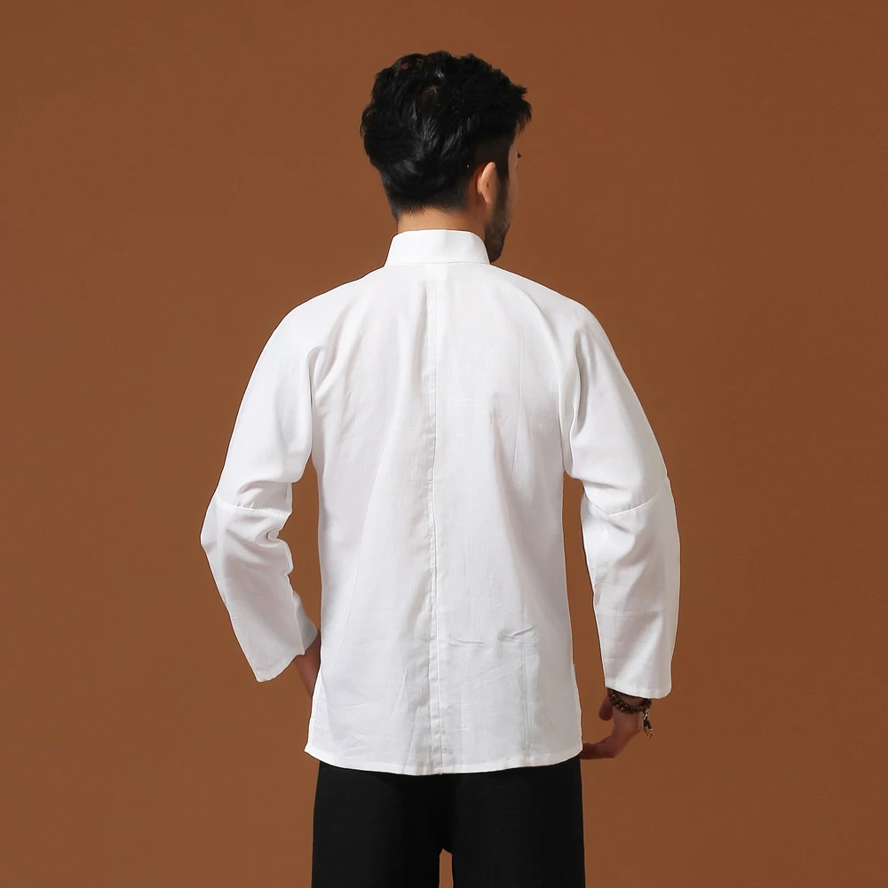 White Men Cotton Linen Long sleeve Kung Fu Shirt Classic Chinese Style Tang Clothing Size S M L XL XXL XXXL hombre Camisa Mim902