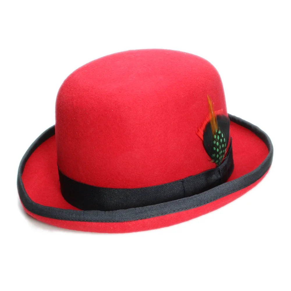 LUCKYLIANJI 100% Wool Unisex Spring Autumn Feather Decoration Derby Bowler Hat in Black and Red Fedora Hat Classical Cap Chapea