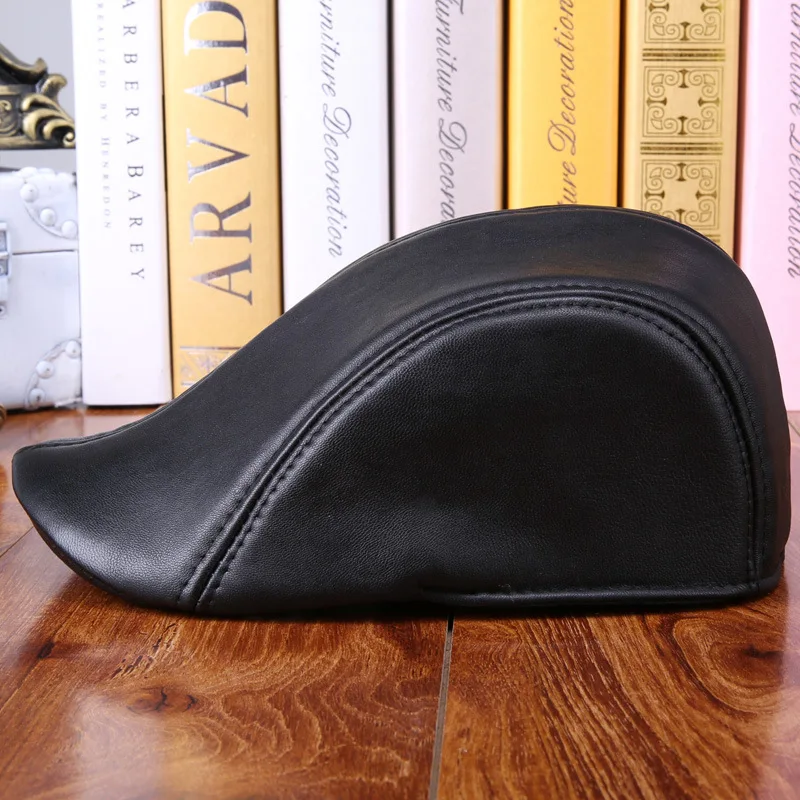 Fashion Sheepskin Hat Genuine Leather Cap Mens Baret Cowhide Flat Cap Cabby Hat Vintage Newsboy Driving Peaked Cap B-7241