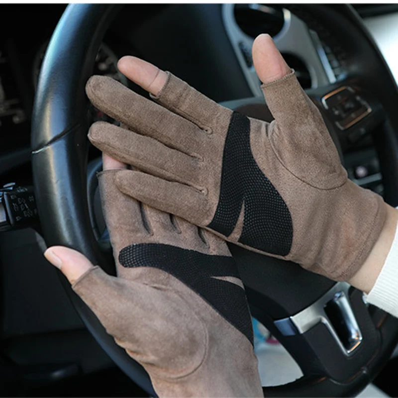 Autumn And Winter New Thickening Imitation Suede Unisex Exposed Two Fingers Non-Slip Driving Gloves Half Finger SZ043-5