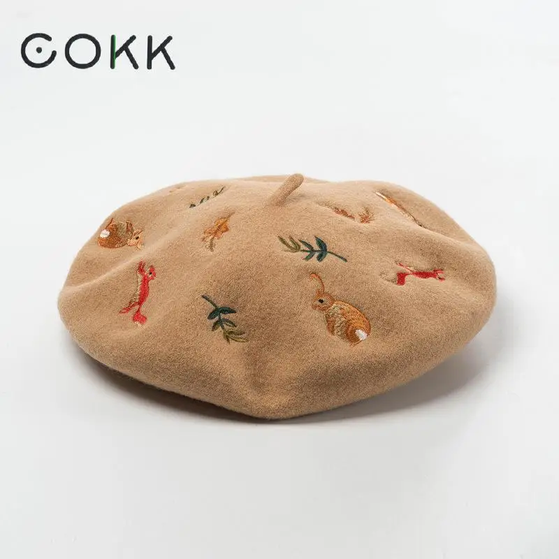 COKK Handmade Embroidery Rabbit Squirrel 100% Wool Beret Womens Hats Painter Cap Lady Autumn Winter Baret Cap Hat Female Design