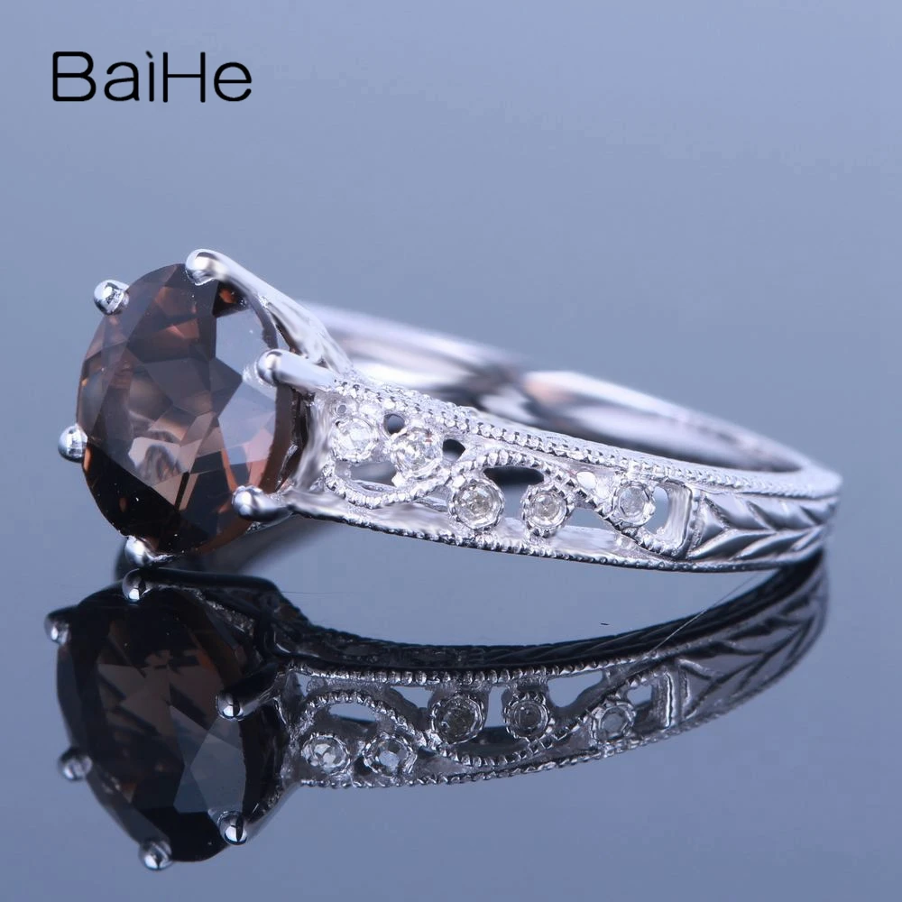 BAIHE Sterling Silver 925 2.12ct Flawless Round Smokey Quartz Wedding Women Trendy Fine Jewelry Gift Smokey Quartz Ring