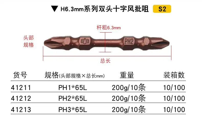 

BESTIR taiwan tool S2 alloy steel redden HRC59+-2 magnetic 1/4" PH1/PH2/PH3x65L screw driver bit double end