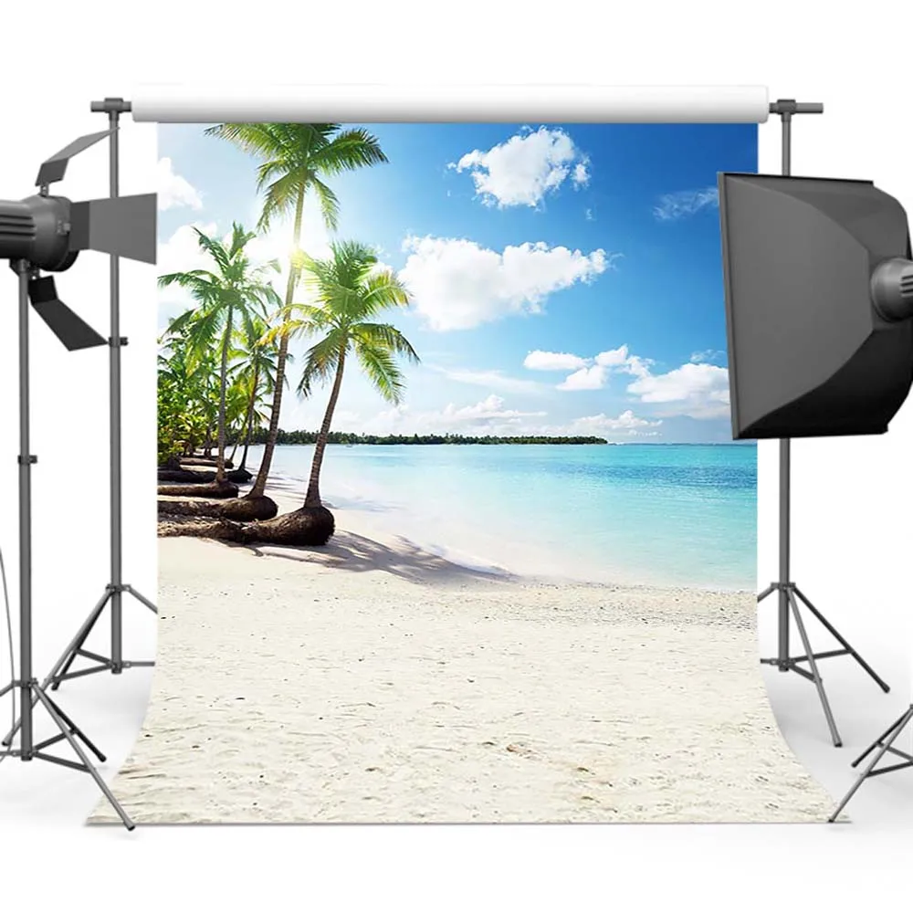 

Sandy Beach Summer Photography Background Cocount Tree Blue Sky Sea Backdrops Photo CM-5964