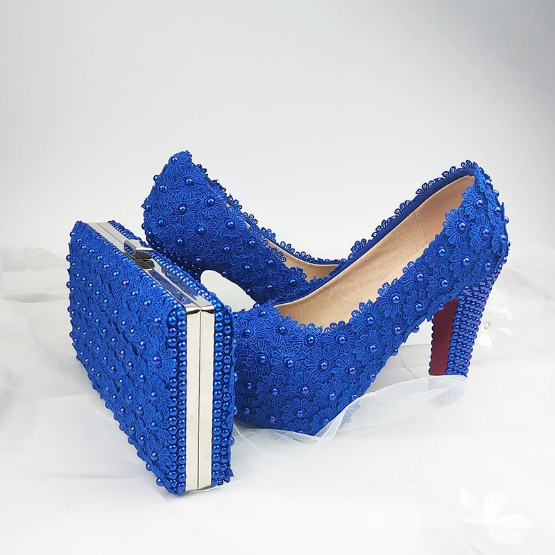 BaoYaFang Fashion Thick Heel Royal Blue Flower Wedding shoes for woman High heel platform shoes with matching bags