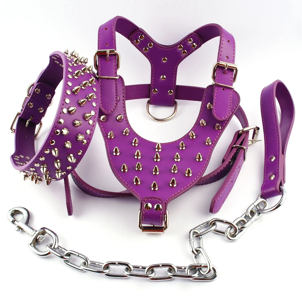 Cool Spiked Studded Leather Dog Harness Rivets Collar and Leash Set For Medium Large Dogs Pitbull Bulldog Bull Terrier  26\