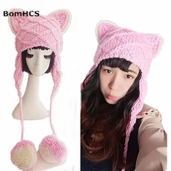 BomHCS Pink Cute Cat Ears Beanie Women Winter Warm Handmade Knitted Hat