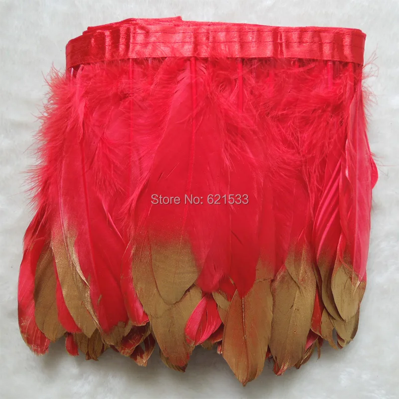 Gold Dipped Feathers,Gold painted Red Goose Satinettes Feathers Trim Fringe for Dress Skirt Party Clothing Decoration ,2Yards,