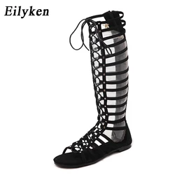 Eilyke High Quality Soft Leather Women Sandals Strappy Open Toe Knee Summer Gladiator Flat Sandals Roman Bandage Casual Boots