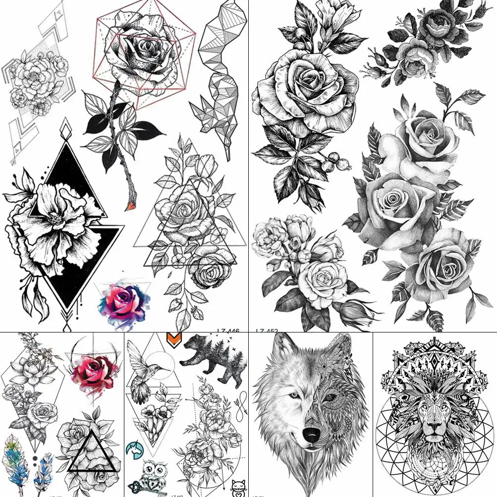 Sexy Water Transfer Triangle Floral Saturna Rose Flower Temporary Tattoos Stickers For Women Black Fake Tattoo Girl Body Arm DIY