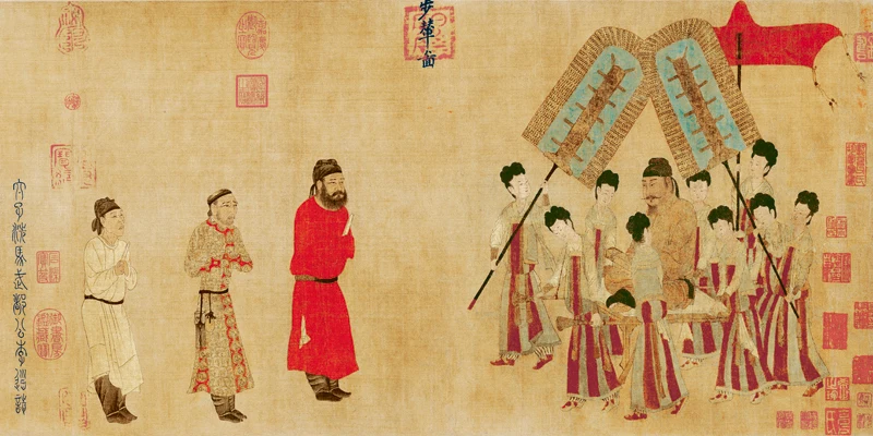 Традиционная китайская живопись, воспроизведение шедевров, принты на холсте, император тайзун, получает Тибетский Посланник Янь либен