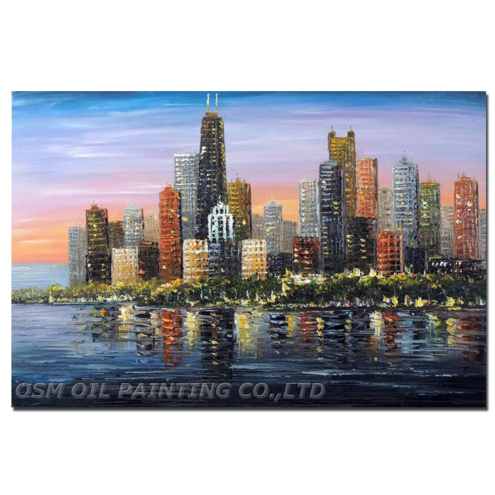 

Professional Artist Pure Hand-painted Impression Chicago Skyscrapers Oil Painting on Canvas Impression Downtown Knife Painting