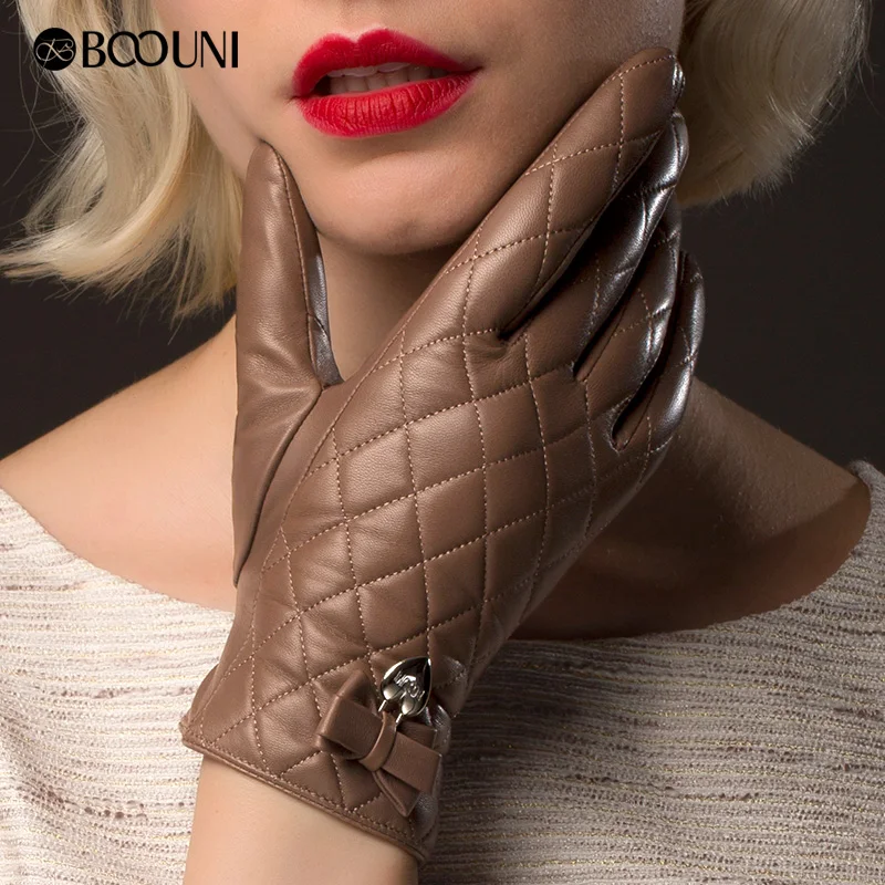 BOOUNI Genuine Leather Gloves Women Fashion Plaid Real Sheepskin Glove Winter Thicken Warm Five Finger Driving Gloves NW691