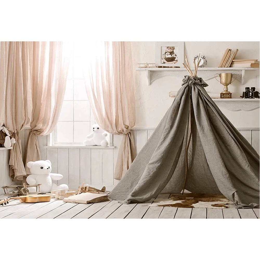 

Newborn Baby Shower Backdrop Wood Floor Printed White Toy Bear Aircraft Curtains Window Grey Tent Kids Photo Studio Backgrounds