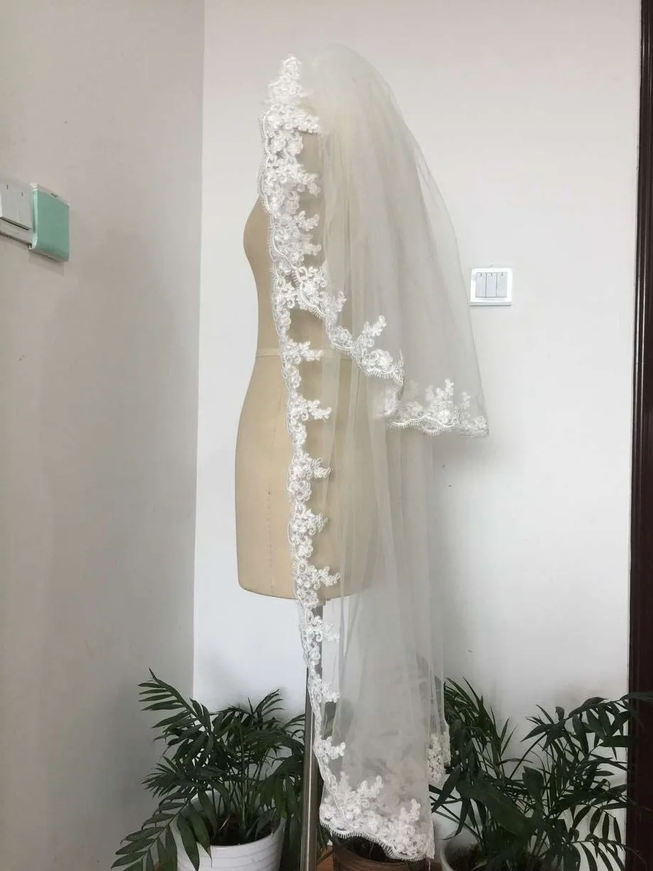 Voile de mariée en dentelle avec peigne, longueur 120CM, 2 couches, blanc, ivoire, noir, rouge, longueur de valse, Champagne