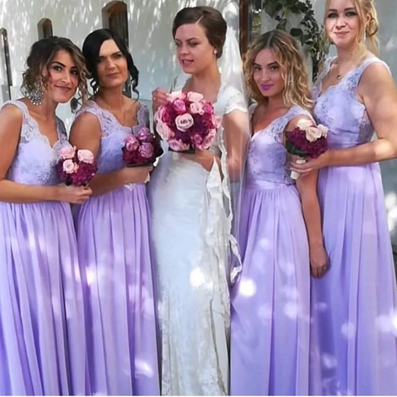 lamiabridal Chiffon Lavender Bridesmaid Dresses V-Neck Floor Length Country Wedding Formal Party Dresses Maid Of Honor Gowns