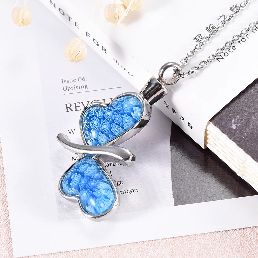 Glass Butterfly Ashes Keepsake Stainless steel Urn Necklace Cremation Jewelry Urn Locket