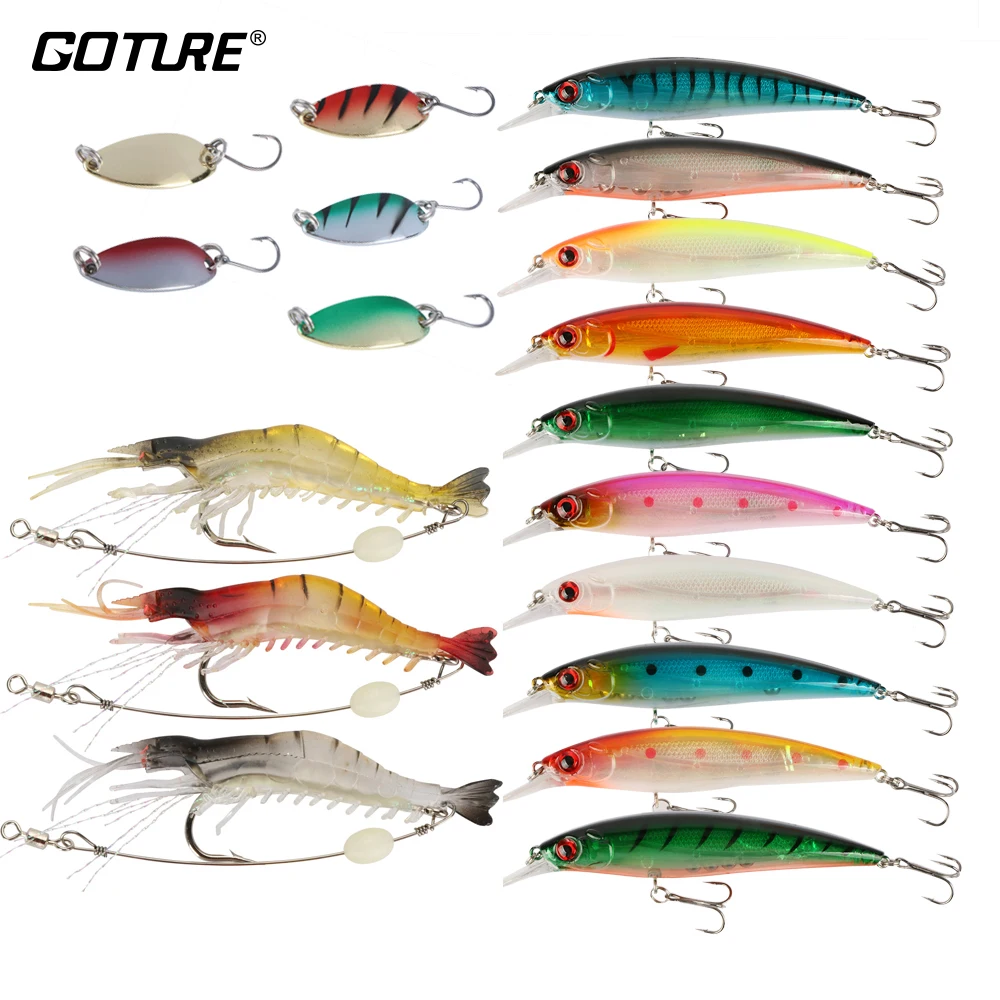 

Goture 18 Pcs/lot Fishing Lure Kit Mixed Colors Wobblers Soft Shrimp Spoon Spinner Artificial Baits Bass Fishing Tackle