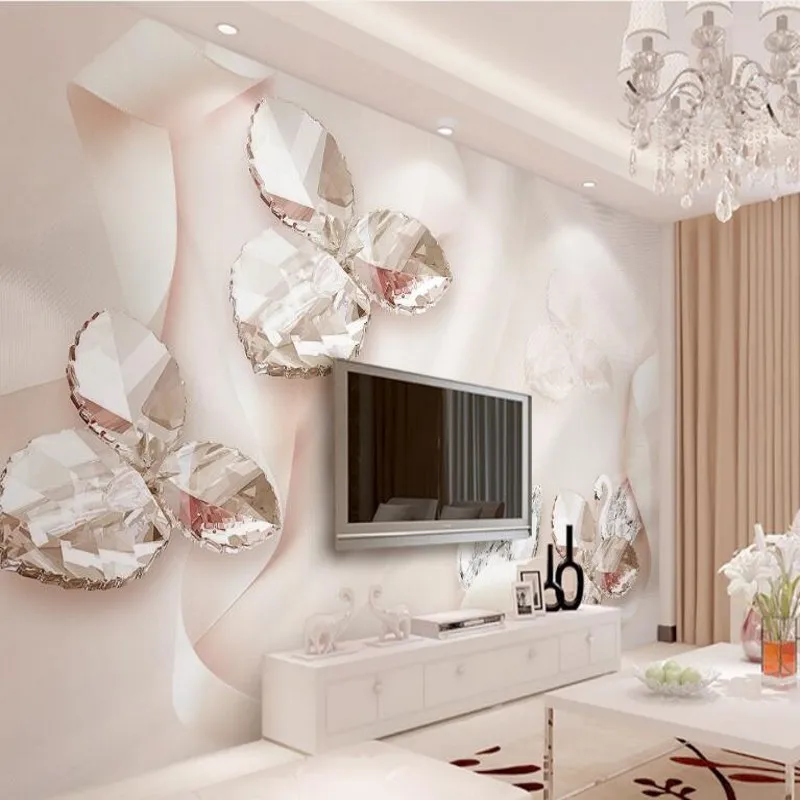 

beibehang Custom large fresco pink ribbon crystal swan jewelry leaf 3d 3d TV backdrop super green wallpaper papel de parede