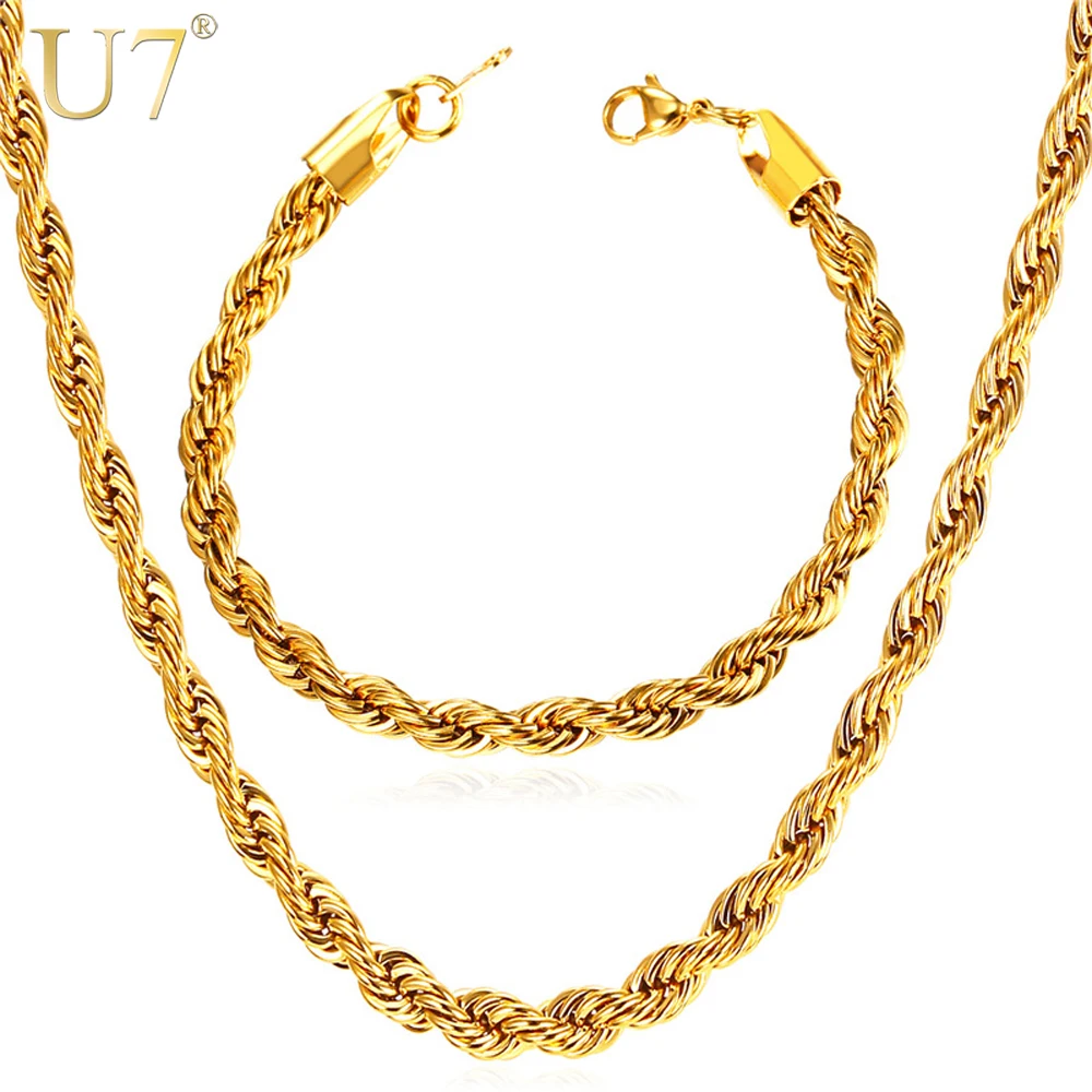 

U7 New Trendy Rope Chain Necklace Set Wholesale Gold Color 3MM Width Chain Necklace Bracelet Men Jewelry Sets S837