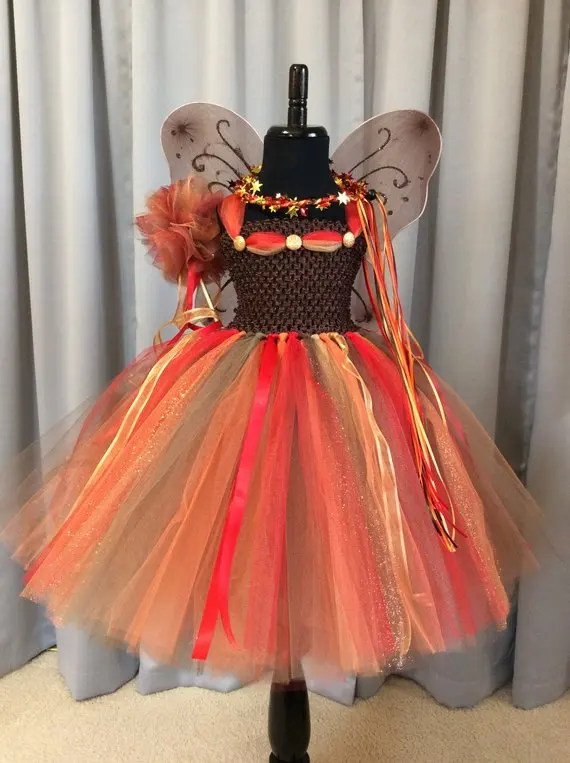 Fall Fairy Cosplay Girls Tutu Dress Matching Wand Wings Birthday Outfit Fairy Costume Orange Children Kids Clothes