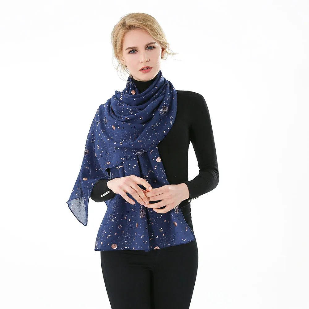 Winfox 2019 di Nuovo Modo Navy Star Luna Lamina D\'oro Glitter Sciarpa Foulard Sciarpa Dello Scialle del Hijab Molla Delle Signore Delle Donne Sciarpe