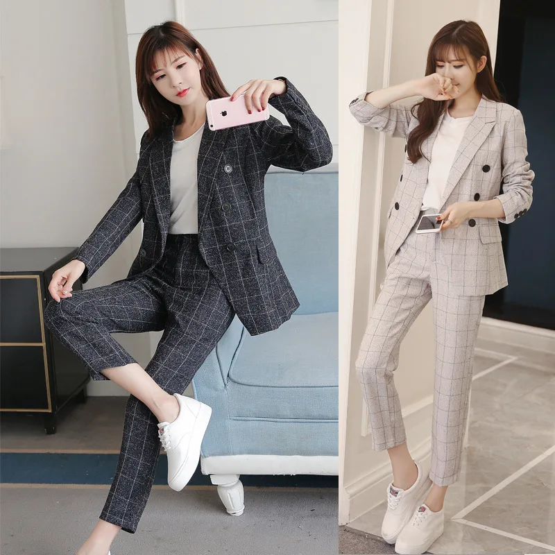 Spring and Autumn Women's temperament fashion double-breasted Slim waist plaid suit collar suit jacket straight pants Two-piece