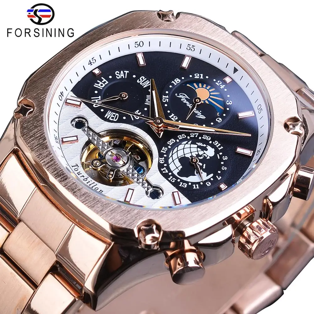 Forsining Brand Mens Mechanical Watches Super Grand Automatic Moonphase Tourbillon Earth Date Rose Gold Steel Belt Watch Relogio