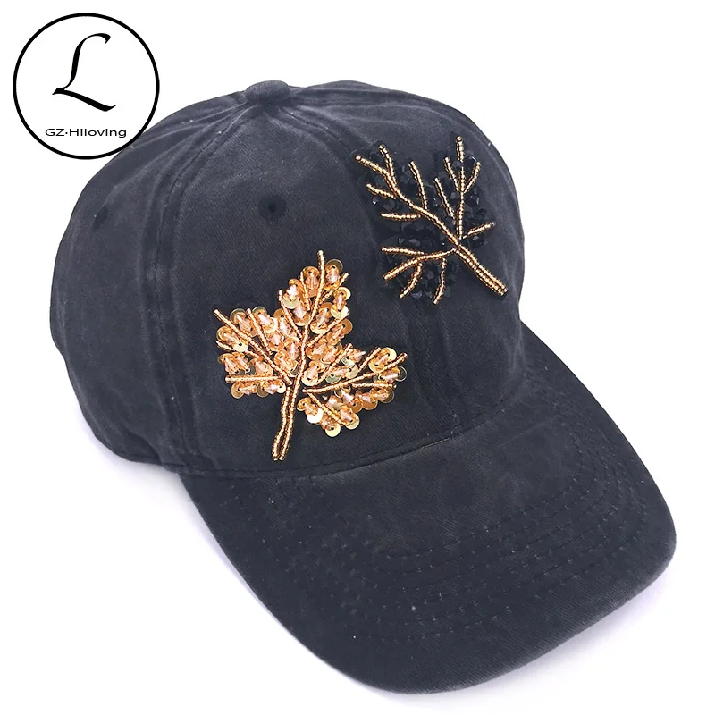 

GZhilovingL Casual Tree Beads Baseball caps and Hats For Woman ladies Summer Black Denim Color Cotton Snapback Adjustable Hats