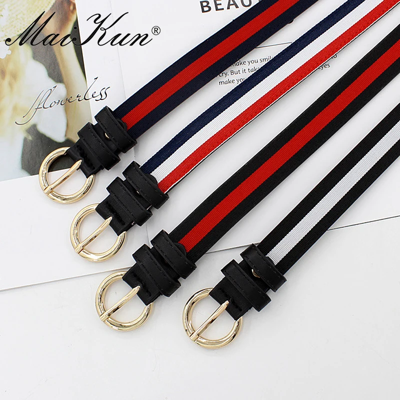 MaiKun Belts for Women Pin Buckle PU Leather Thin Women Belt Stripe Canvas Waistband for Pants Skirt