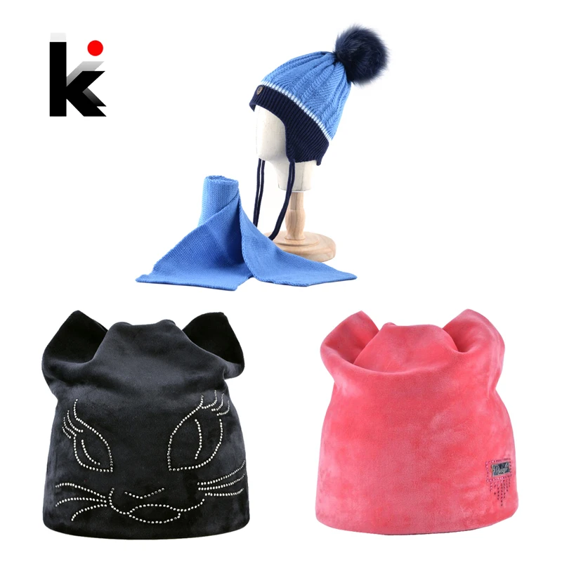 Winter Hat Women Knitted Beanie Scarf Set Boys Rhinestone Velvet Ear flap Cap Girls Warm Soft Hats Package For Adult Children