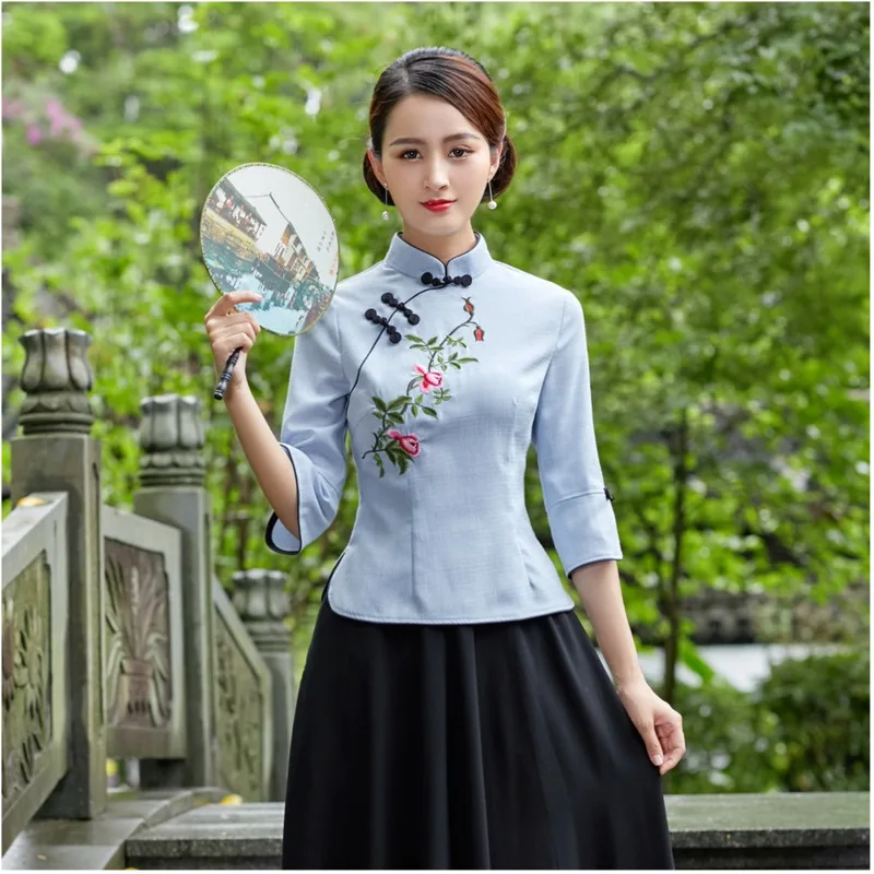 Sheng Coco Elegant Shirts Chinese Clothes Cheongsam Blouse New Ancient Chinese Tops Pink Flowers Half Sleeve Qipao Tops Shirts